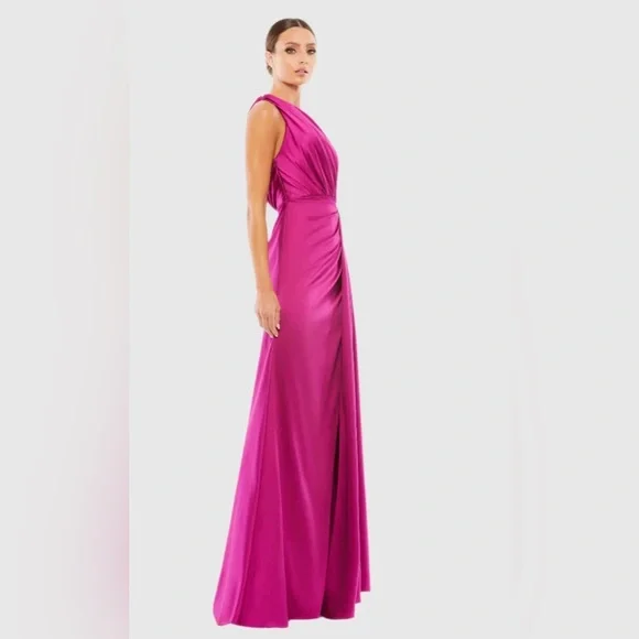 Mac Duggal One Shoulder Satin Faux Warp Gown in Berry
